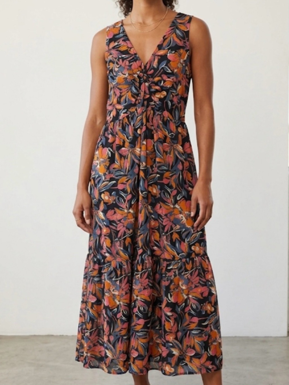 FRENCH CONNECTION Floral Twist Front Midi Dress, Women’s M, Black Pink Orange